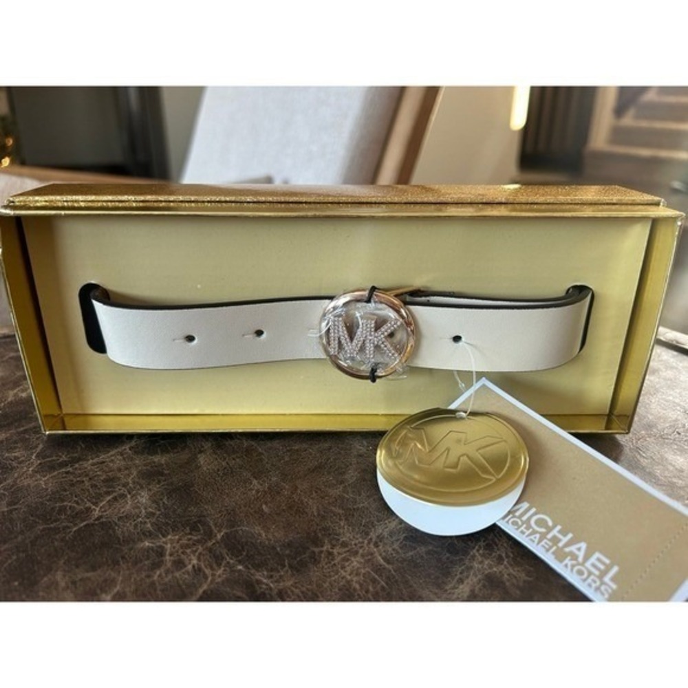 $98 Michael Kors‎ Light Cream Pave Logo Leather Belt L/XL